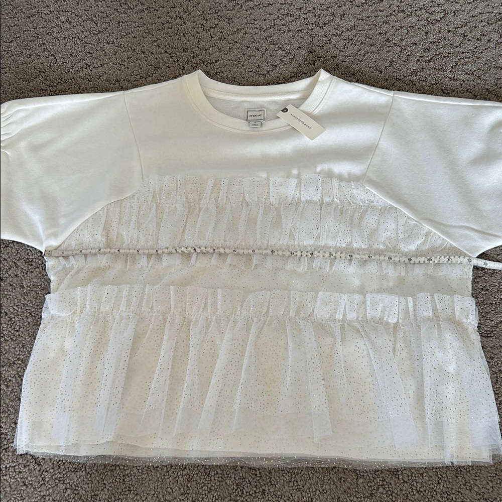 Anthropologie Maeve Short-Sleeve Smocked Ruffled Sweatshirt Glitter Tulle XS NWT - Picture 8 of 12